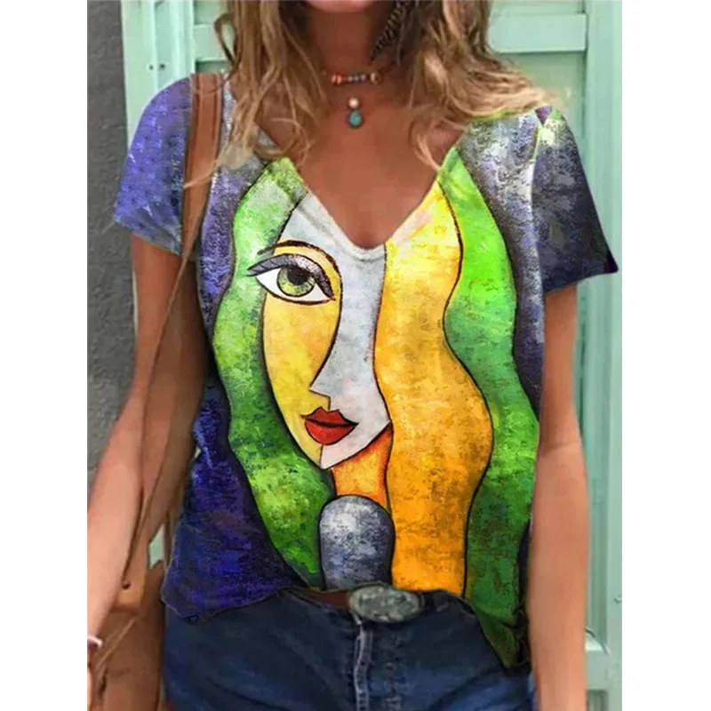 

New Style Abstract Character Printing V Neck Pullover Blouse Summer Women's Short Sleeved T Shirt Fashion Plus Size Clothing