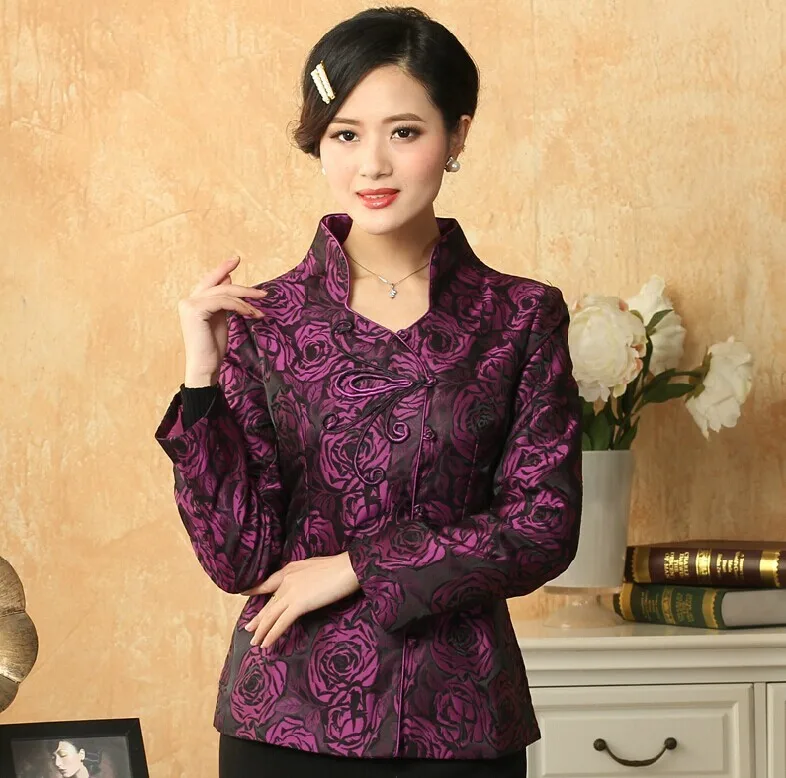 Стильная фиолетовая Женская атласная полиэстер костюм Тан китайские