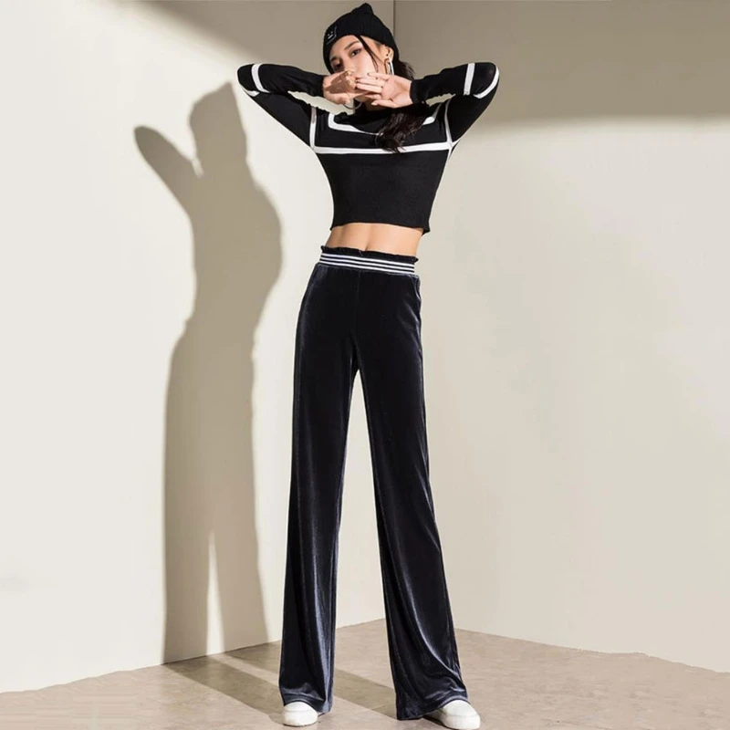 

Women Autumn Striped High Waist Wide Leg Pants Velvet Shiny Solid Color Straight Maxi Long Trousers Winter Warm Loose with M7DD