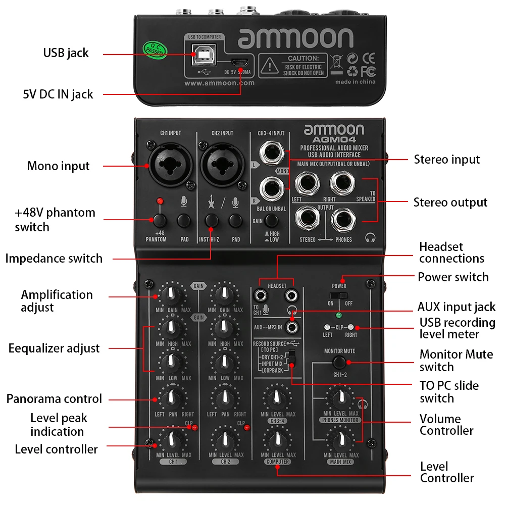 Ammoon 4-канальный мини микшерный пульт Цифровой аудио смеситель 2-полосный эквалайзер встроенный 48V Phantom Мощность миксер аудио 5V USB Мощность ed Лидер продаж