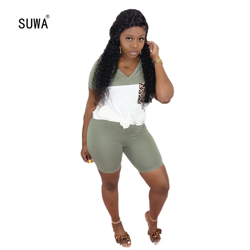 

Оптовая продажа, комплект из двух предметов, летняя одежда для женщин, топ с леопардовым карманом и велосипедные шорты, спортивные костюмы, ...