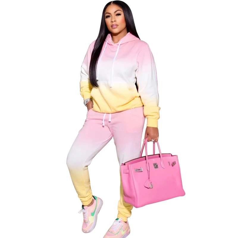 

Fashion Tracksuit Women Gradient Color Hooded Long Sleeve Loose Sweatshirt Top And Drawstring Pant Suit Sweatpant Matching Set