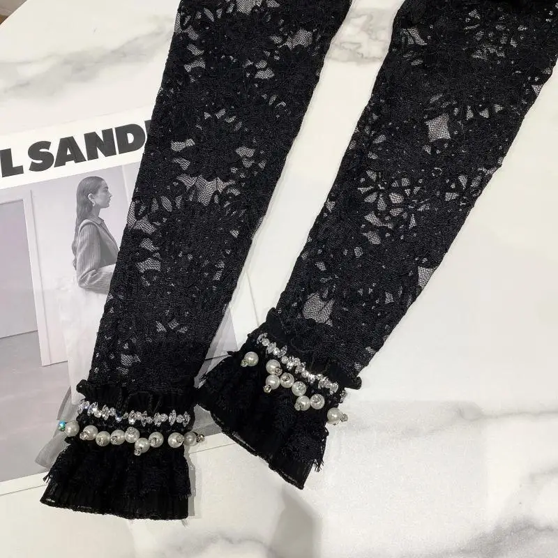 

2021 Summer Spring New Women Casual Trousers Leggings Pearl Beaded Lace Pants Anti-Exposure High Waist Slim Female Bottom Pants