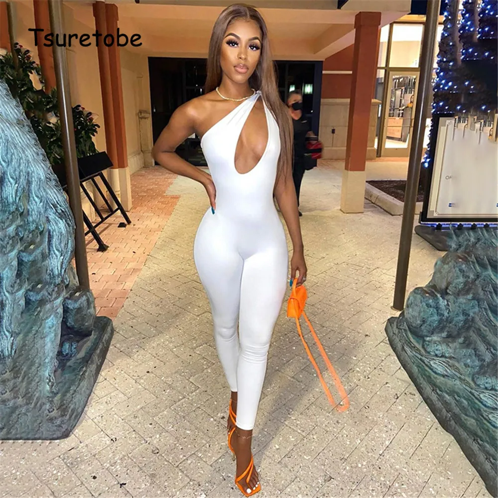 

Tsuretobe Solid Irregular Jumpsuit Women One Shoulder Sleeveless Hollow Out Romper Female New Summer Bodycon One Piece Outfit