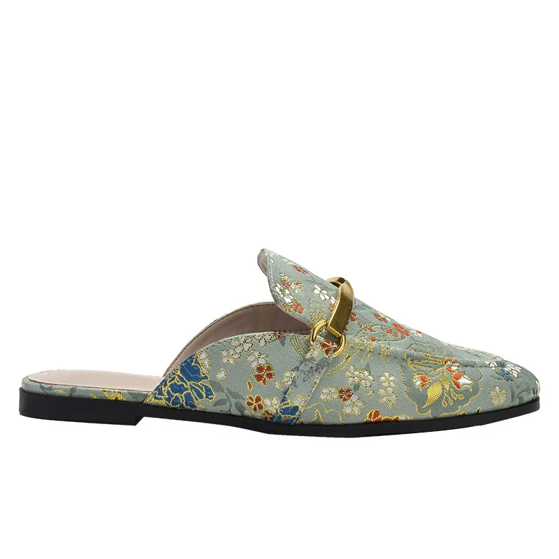 

Small women's shoes national style flat bottomed slippers women's metal embroidery shoes Square Head lazy