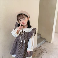 japan korean baby girls plaid dresses children vintage two piece cotton clothes toddlers princess dress kids birthday frocks