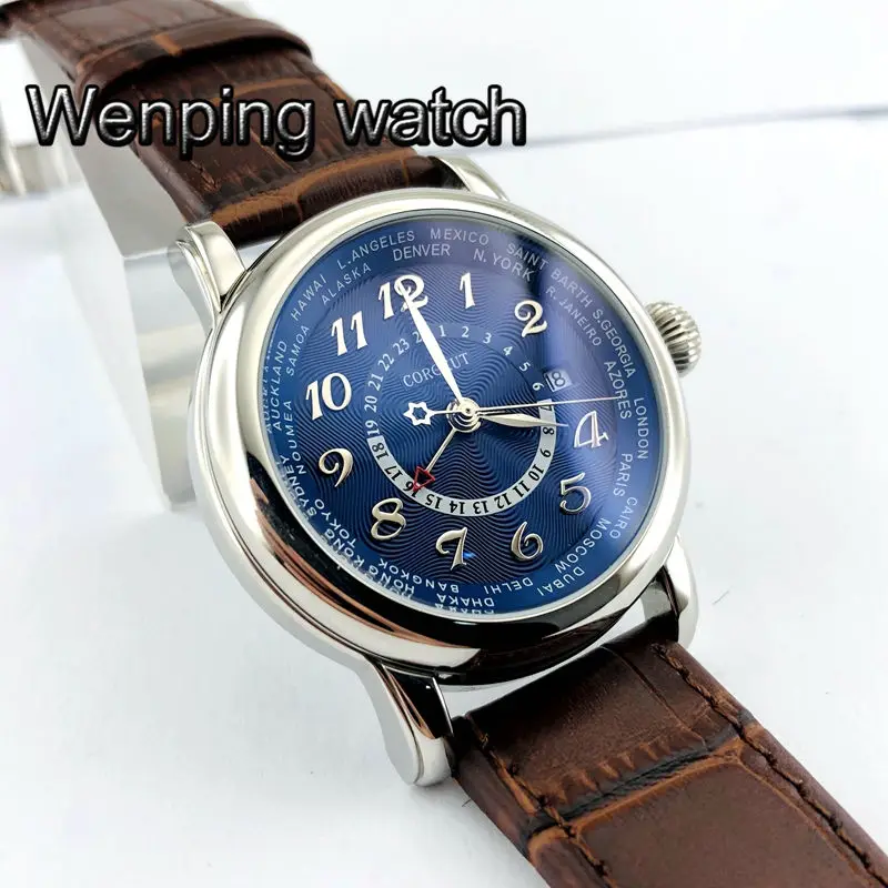 43 мм corgeut большой пилот GMT синий циферблат Дата Коричневая кожа Автоматические