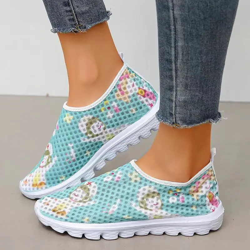 

Womens Nurse Flats Casual Shoes Slip on Mesh Sneakers for Female Cartoon Nursing Pattern Walking Vulcan Sneakers 2021 New Style