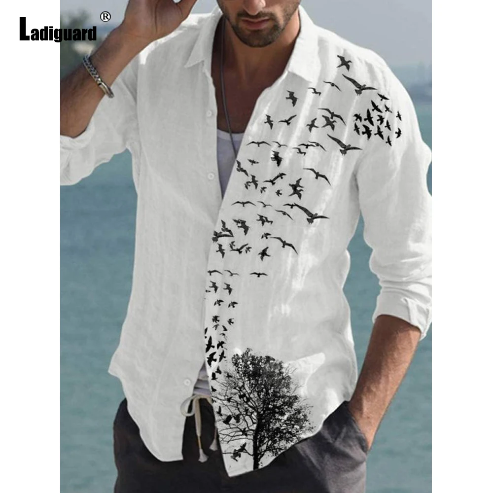 

Long Sleeve Shirt Linen Tops Sexy Men clothing 2022 Autumn Birds Print Casual Pullovers Plus Size 5xl Men Single-breasted Blouse