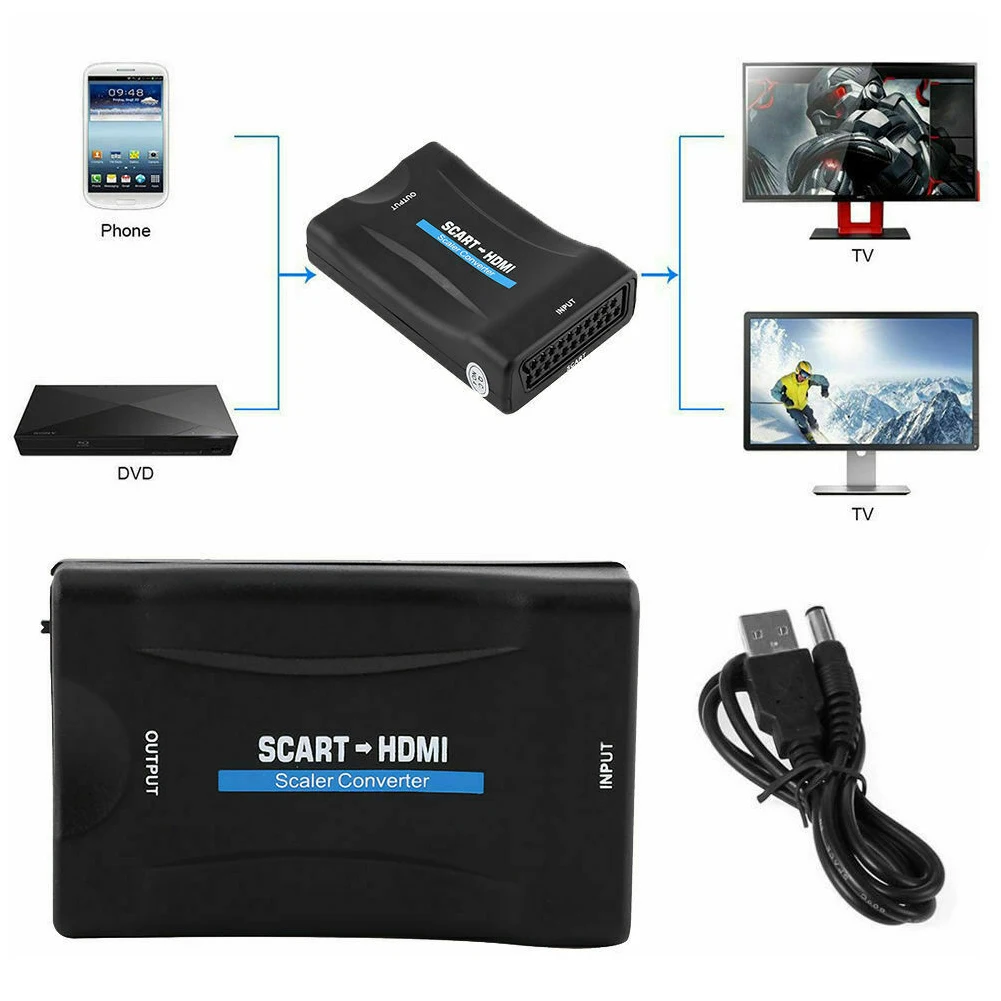 1080P SCART HDMI совместимый преобразователь видео аудио с USB кабелем для HDTV Sky Box DVD ТВ