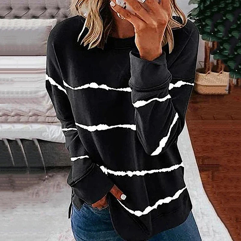 

Loose Straight Stripe Femme T-shirt Spring Autumn Casual Lady Tee Shirt O Neck Long Sleeve Print Basic 2020 TShirt Women Fashion