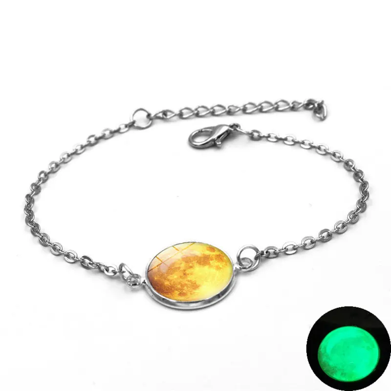 6 glow green Светится в темноте шармы браслет со стеклянным кабошоном серая луна светящиеся украшения Серебряная цепочка звено браслеты для женщин подарок для девочек - Окраска металла: 6 glow green