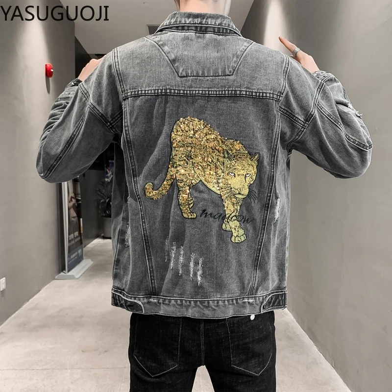 Модная мужская куртка YASUGUOJI в стиле ретро с синими блестками и вышивкой тигра