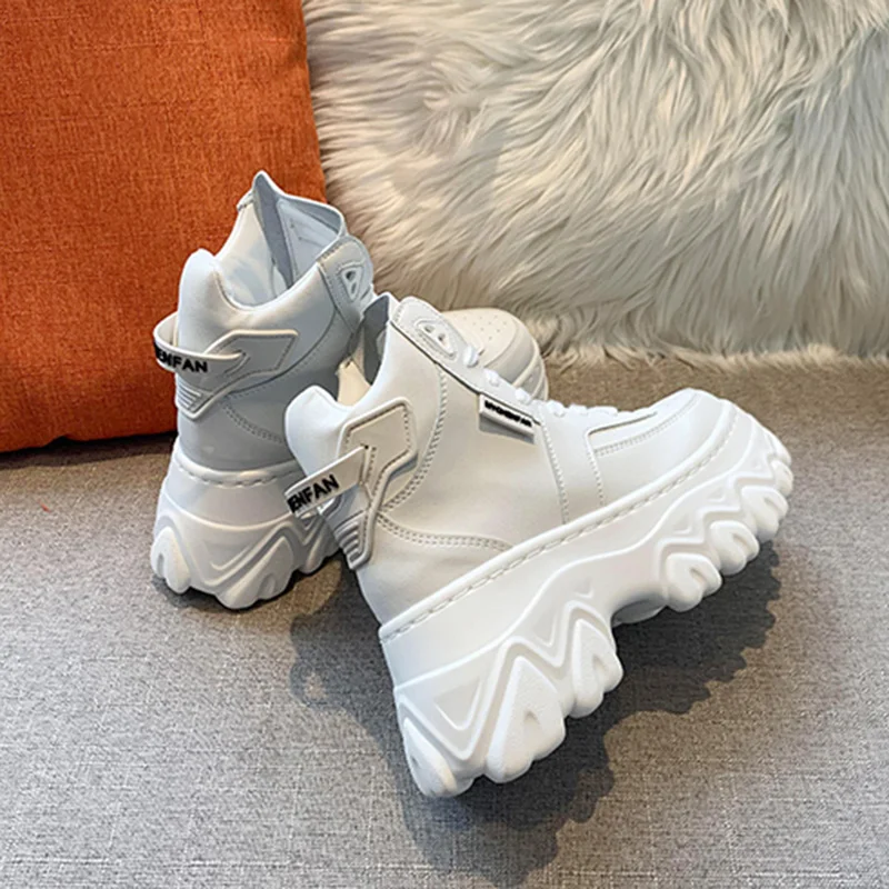 

2021 Spring And Autumn New Thick-soled High-top Trendy Shoes Women's Wild Platform Shoes White Pure Leather Casual Shoes