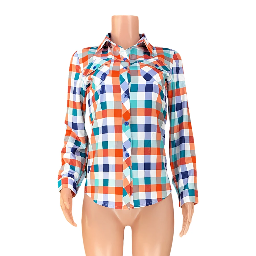 Женские блузки с длинным рукавом винтажные вечерние рубашки в клетку принтом