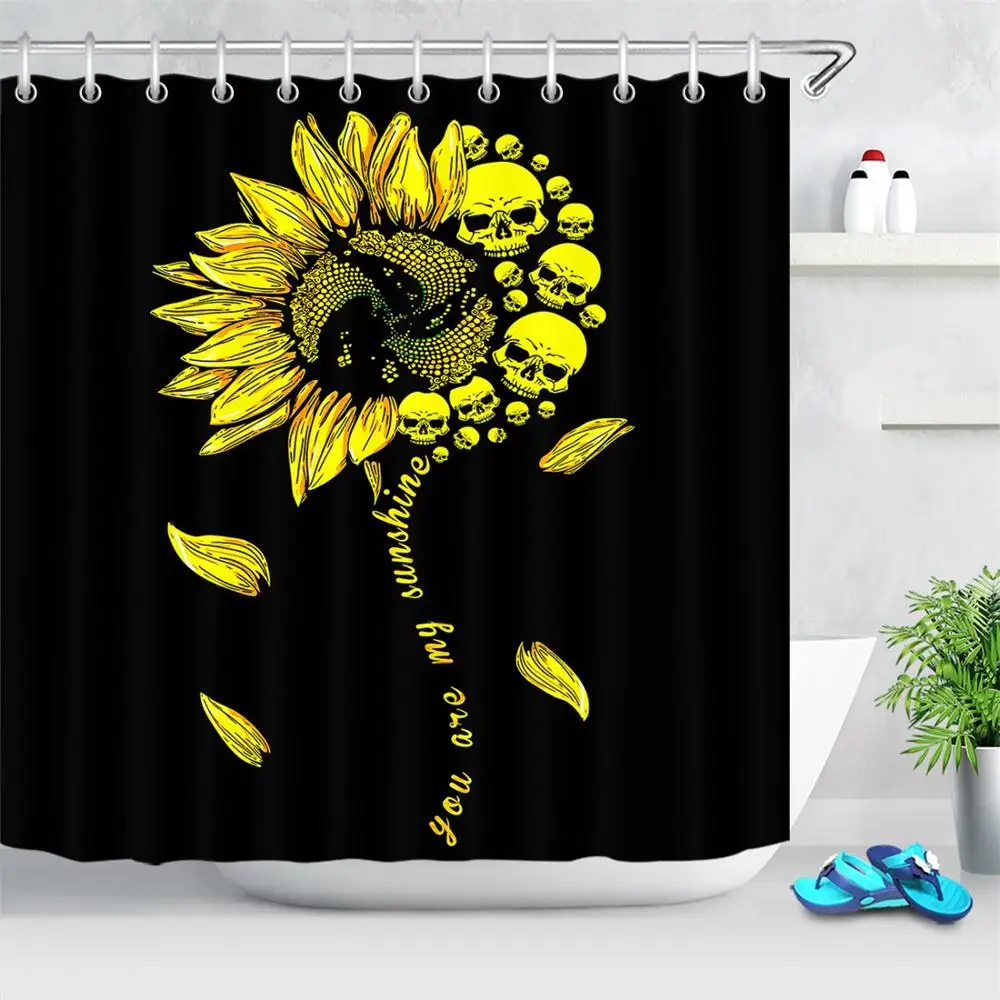 

Yellow Flower Sunflower Shower Curtain Skull Black Background Bath Screen Waterproof bathroom Fabric Shower Curtain with Hooks