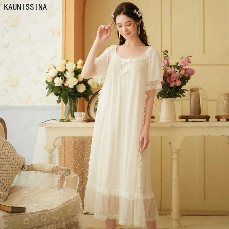

Summer Sleepwear Elegant Female Princess Nightdress Modal Vintage Short Sleeve White Lace Long Night Gown Loose Royal Nightwear