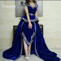 vintage royal blue algerian karakou evening dress with train velour applique islamic mermaid prom dress with tassel robes soiree