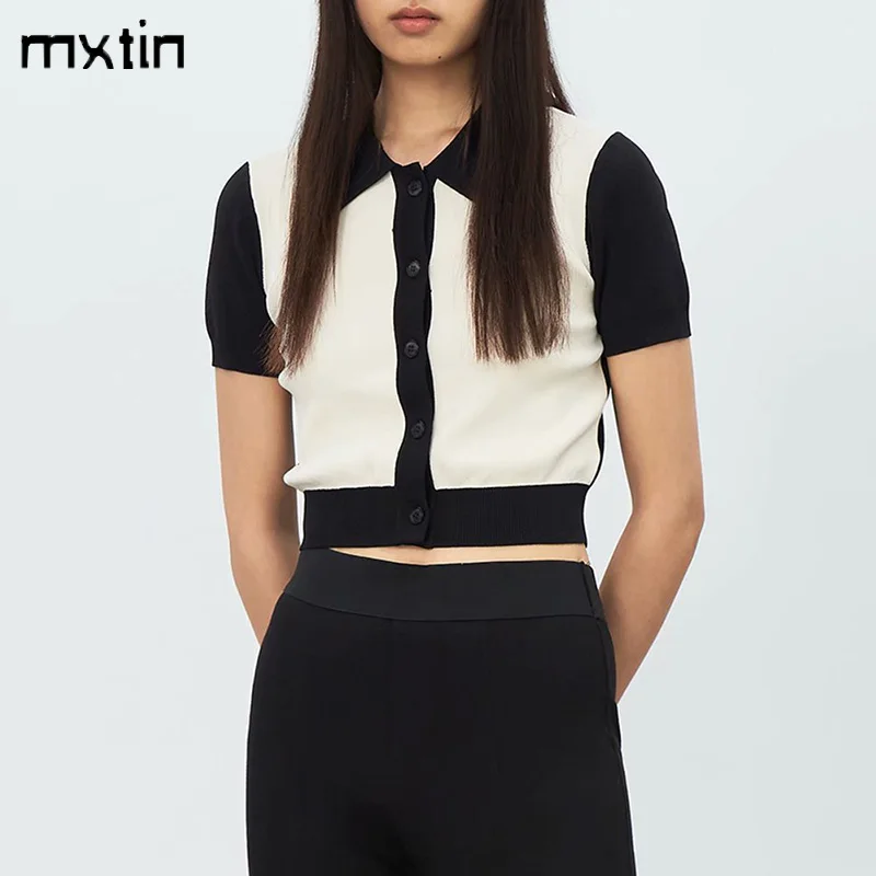 

MXTIN 2021 Women Summer Vintage Patchwork knitted Cropped POLO Shirt Fashion Turn-down Collar Short Sleeve Casual Slim Chic Tops