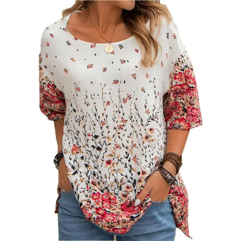 

Women Summer 2021 T Shirt Round Neck Floral Printed Loose Casual Shirt Beach Holiday Style Female Short Sleeve New Tops Tees