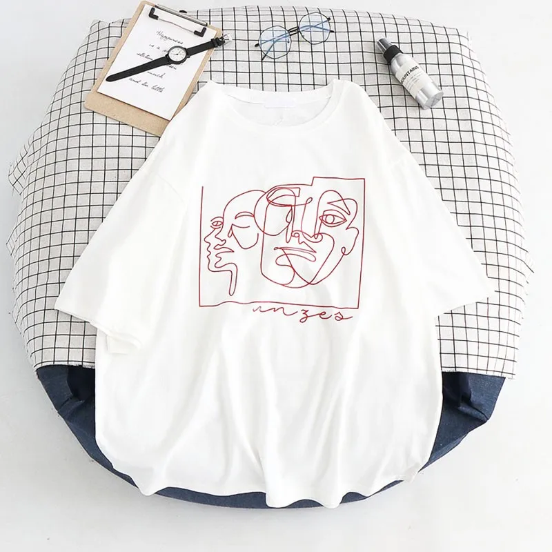 

2021 Streetwear Abstract T-shirts Printing Women Tops Summer White Cotton Tee Shirt Femme Harajuku Clothing Korean y2k