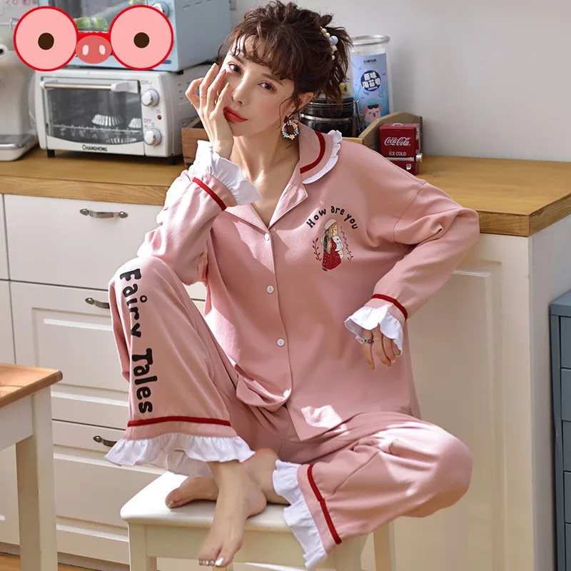 Женские весенние и осенние двухсезонные хлопковые розовые кружевные пижамы из