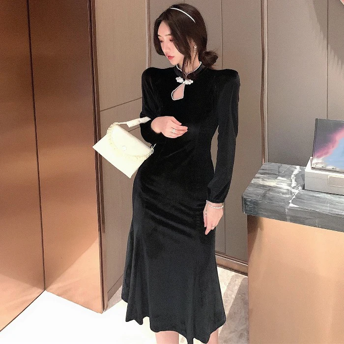 

Autumn winter new Korean fashion slimmed irregular chain long-sleeved dress women's French black vestidos de mujer