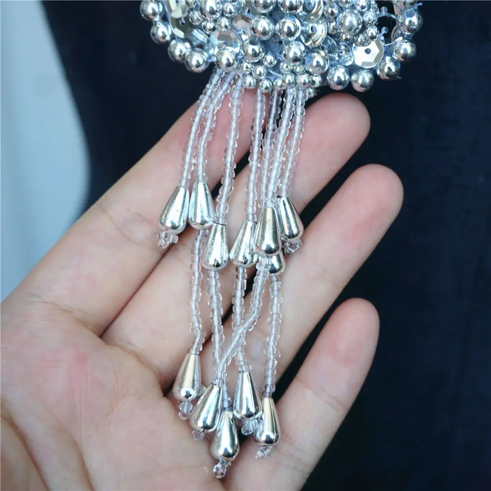 Серебряные Блестки бусины ткань воротник аппликации пришивать патч благородная