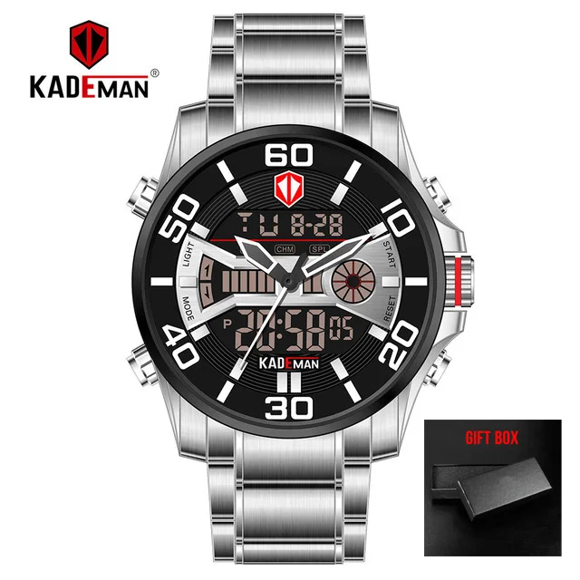 silver black KADEMAN спортивные цифровые часы с двойным дисплеем Мужские кварцевые часы Лидирующий бренд водонепроницаемые армейские военные полностью Стальные наручные часы Relogio - Цвет: silver black