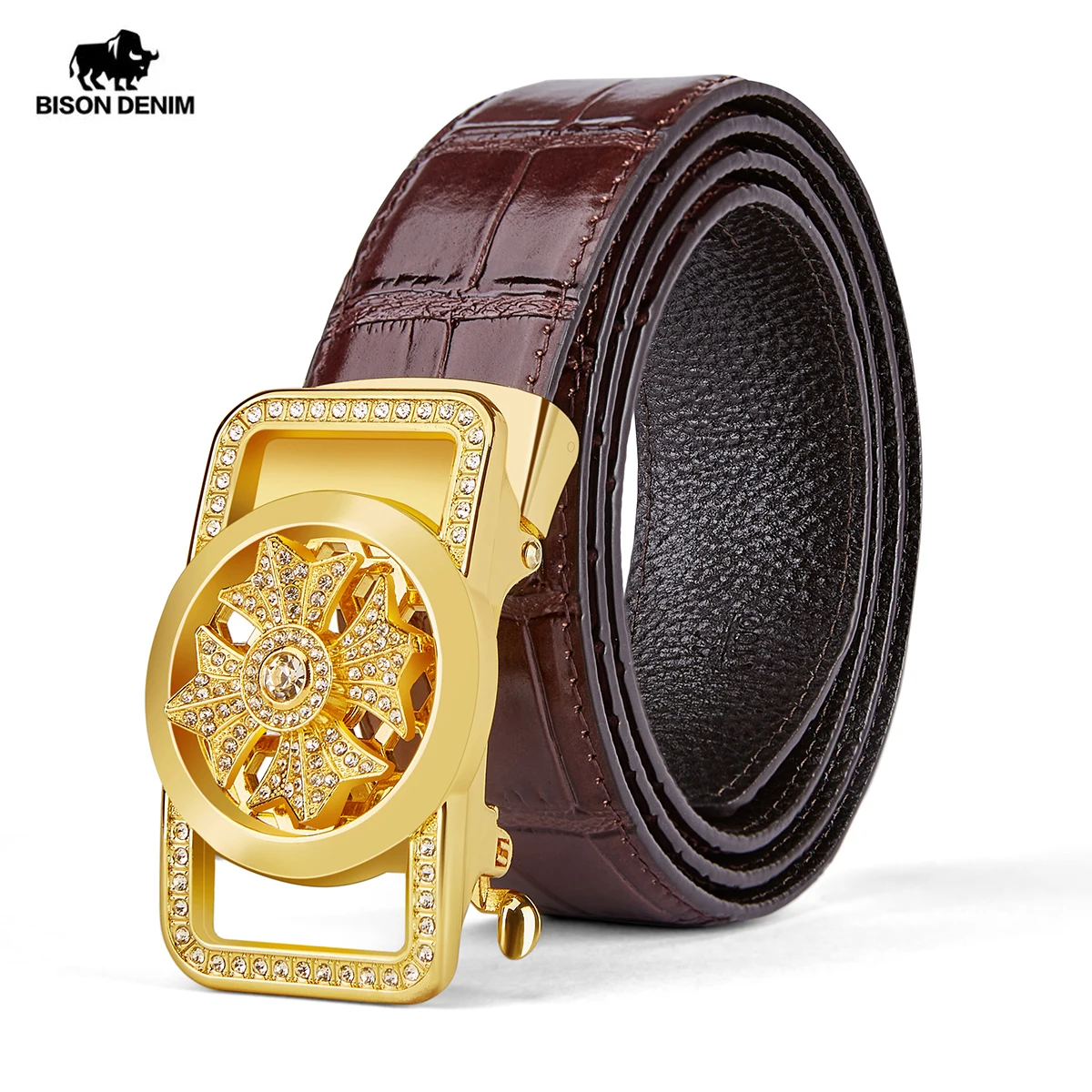 

BISON DENIM Genuine Leather Belt Business Trouser Strap Pant Ceinture Homme Cowskin Automatic Buckle Cowhide Men Belts