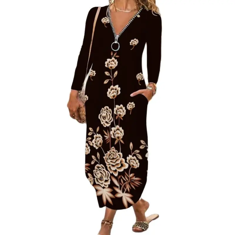 

Elegant Long Sleeve Sexy V-neck Zipper Pocket Long Dress Women Autumn Winter New Casual Loose Robe Maxi Party Holiday Vestidos