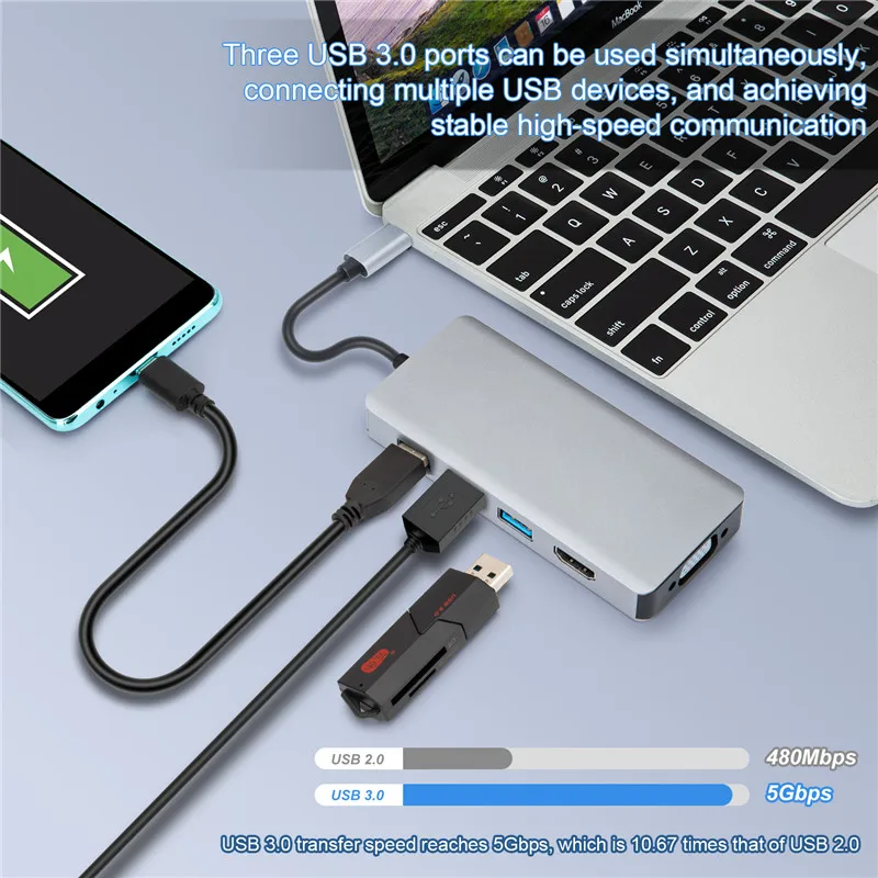 Usb-концентратор 5 в 1 USB C HDMI VGA двойной дисплей адаптер с 3 0*3 4K 1080P @ 60 Гц Thunderbolt Type