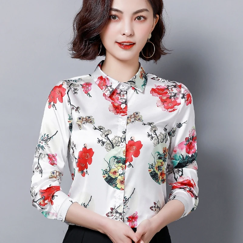 Элегантная офисная Дамская рубашка для работы 2020 атласная шелковая с цветами