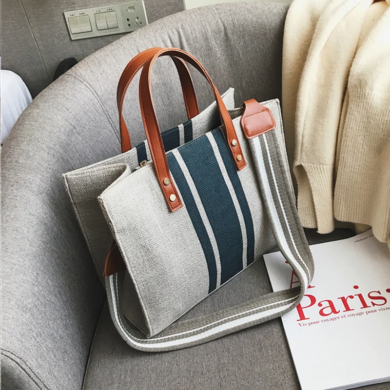 

Stripe Canvas Tote Bags For Women Wide Strap Work Female Shoulder Bags Causal Large Capacity Girls Handbags Summer 2022
