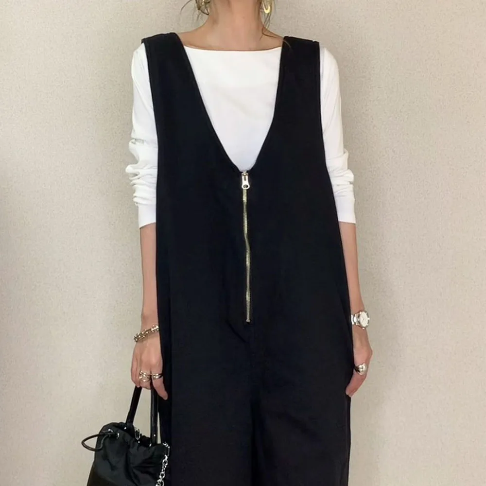 

Jumpsuit For Women Korean Style Plain Zippered Trousers Ladies Fashion Loose All-in-one Black Zipper V Neck Summer One Piece