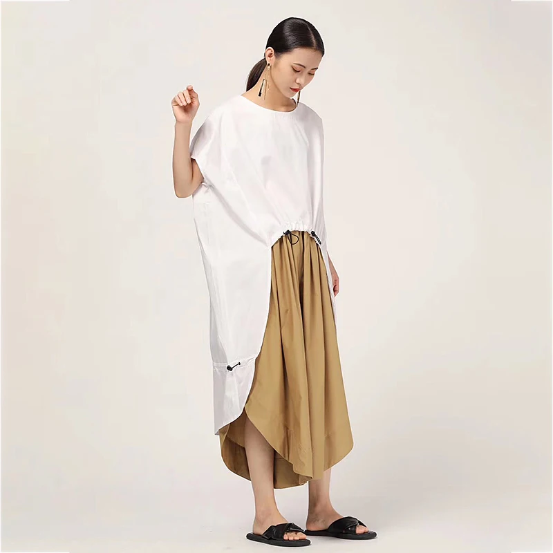 

CHICEVER Casual Women's Long T-shirt O Neck Short Sleeve Asymmetrical Solid Drawstring Hem Loose Plus Size Dresses Female 2021