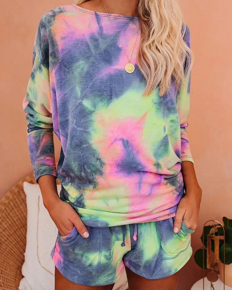 

2020 Women Casual Tie Dye Shirts Long Sleeve Top Shorts Summer Sets Female Tie Dye Two-Piece Set