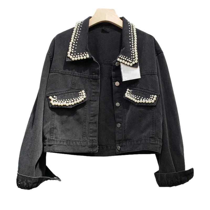 

Korean Beading Denim Jacket Coat Women Student Outerwear 2022 Spring Autumn Loose Vintage Black Blue Short Jeans Jackets Female