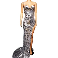 silver mirror sequins backless dress mermaid long trailing high split fork dresses dance wear party evening costume club stage