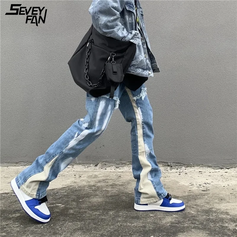 Мужские Винтажные синие расклешенные джинсы джинсовые брюки в стиле хип-хоп |