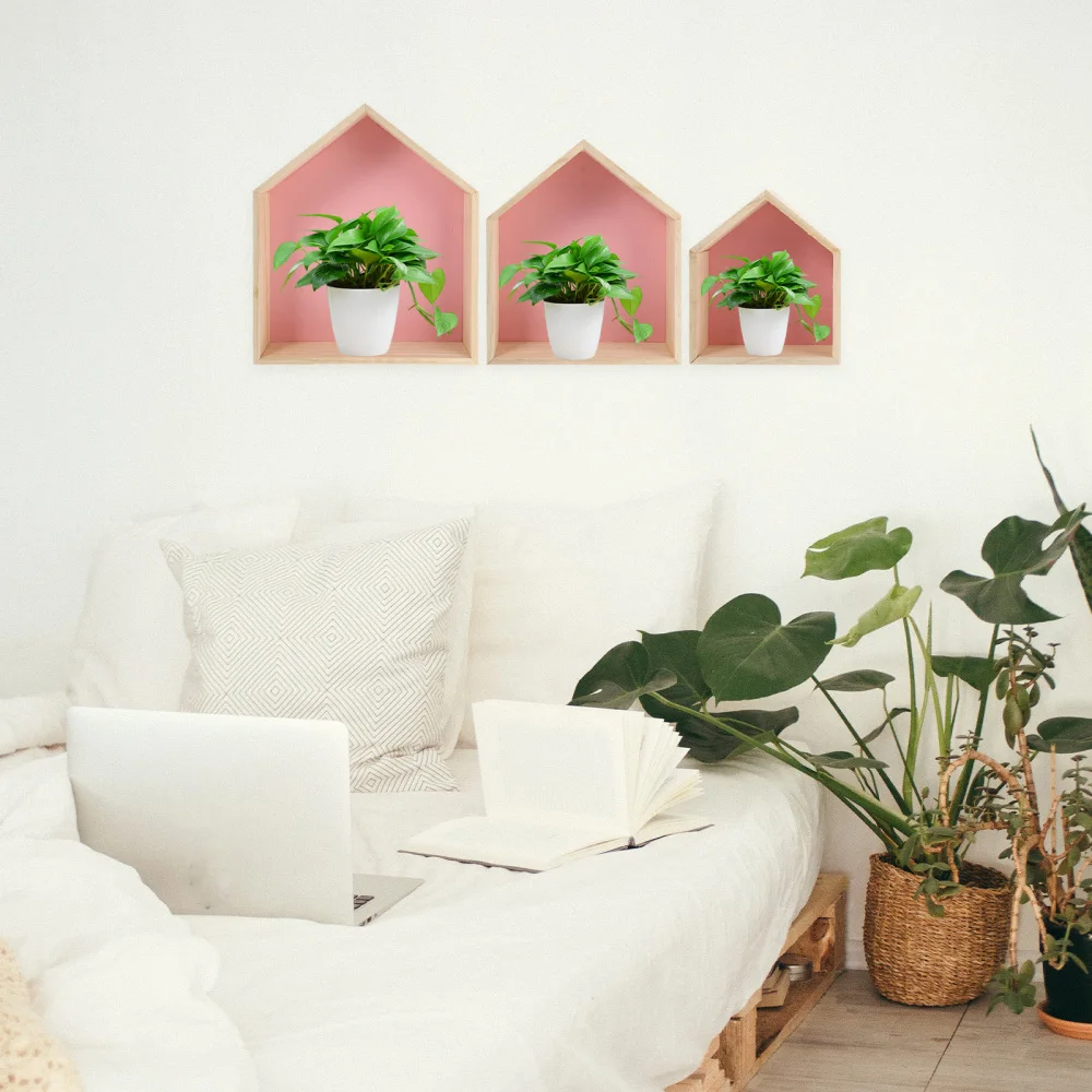 

3pcs Wood House Shape Storage Racks Multifunction Wall Shelves for Home