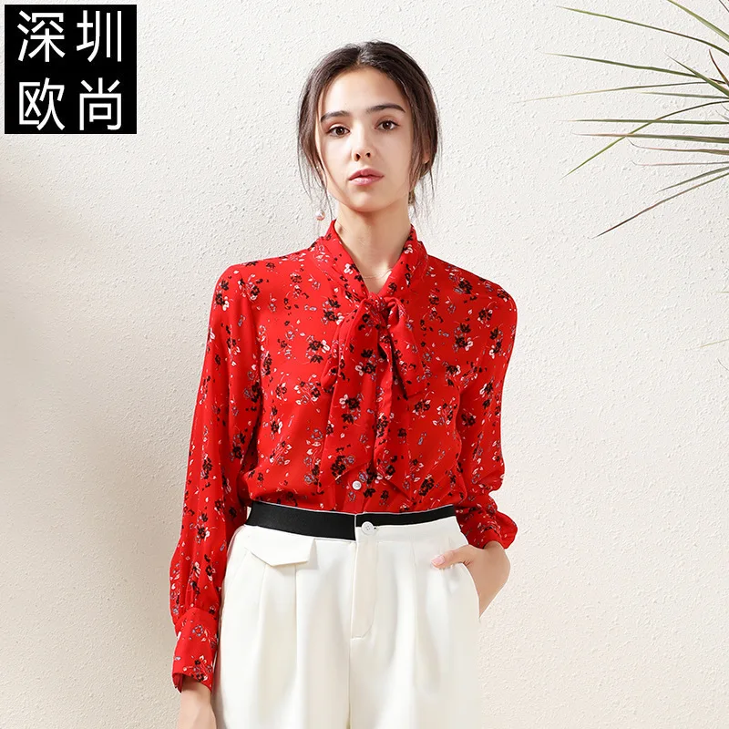 women tops and blouses red chifffon floral bowtie high quality 2020 summer office shirts long sleeve casual sexy plus size loose