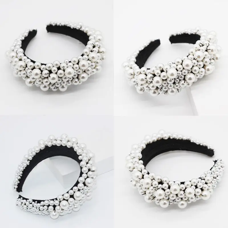 

Baroque Ladies Sponge Padded Bandana Irregular Pearl Beaded Jewelry Hair Hoop