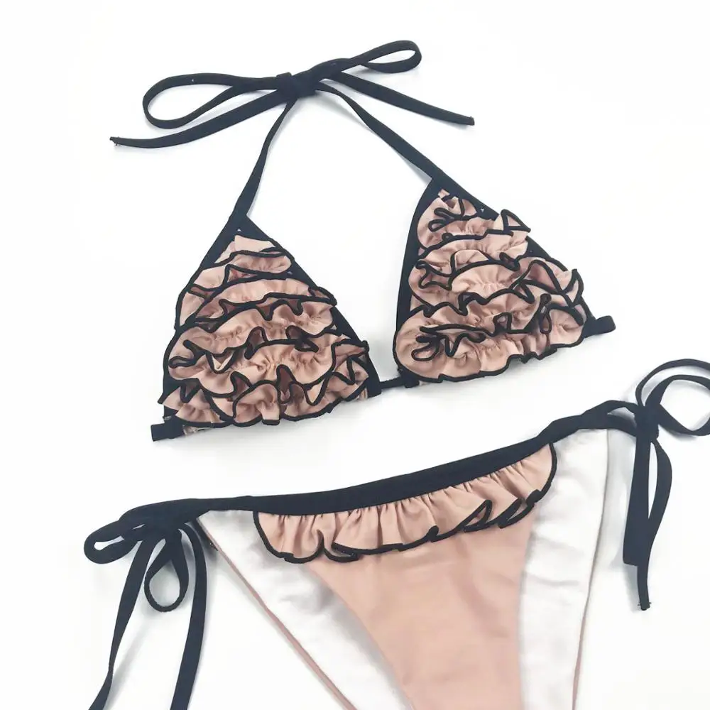 Купальники женские лето 2020 черный и бежевый комплект бикини с оборками купальник