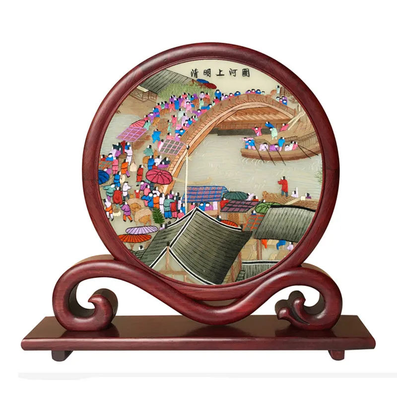 

Vintage Living Room Decoration Accessories Home Table Ornaments Chinese Hand Silk Embroidery Patterns Bubinga Wood Frame Gift