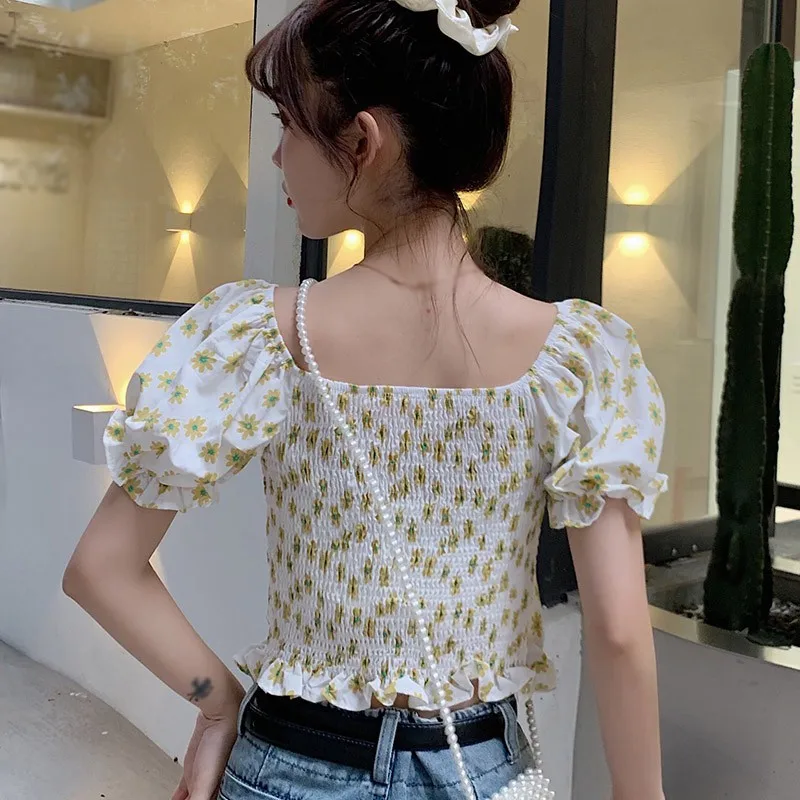 

Womens Fashion Sweet Puff Sleeve Casual Blouse Slash Neck Slim Crop Tops Short Daisy Floral Shirt 2020