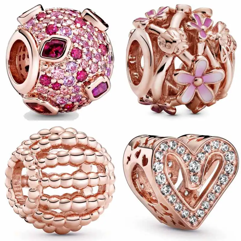 

Sparkling Freehand Heart Kiss Pave Charm Beaded Openwork Pink Daisy Flower bead Fit Europe Bracelet 925 Sterling Silver Charm