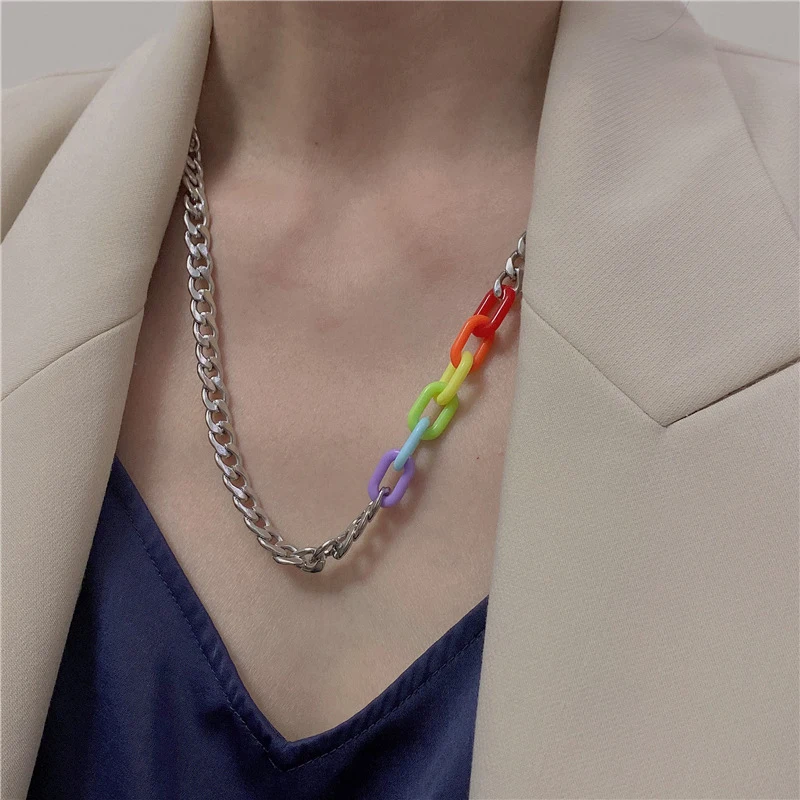 

Minar Minimalist Multicolor Arcylic Chain Titanium Steel Necklace for Women Asymmetric Chunky Cuban Chains Chokers Necklaces