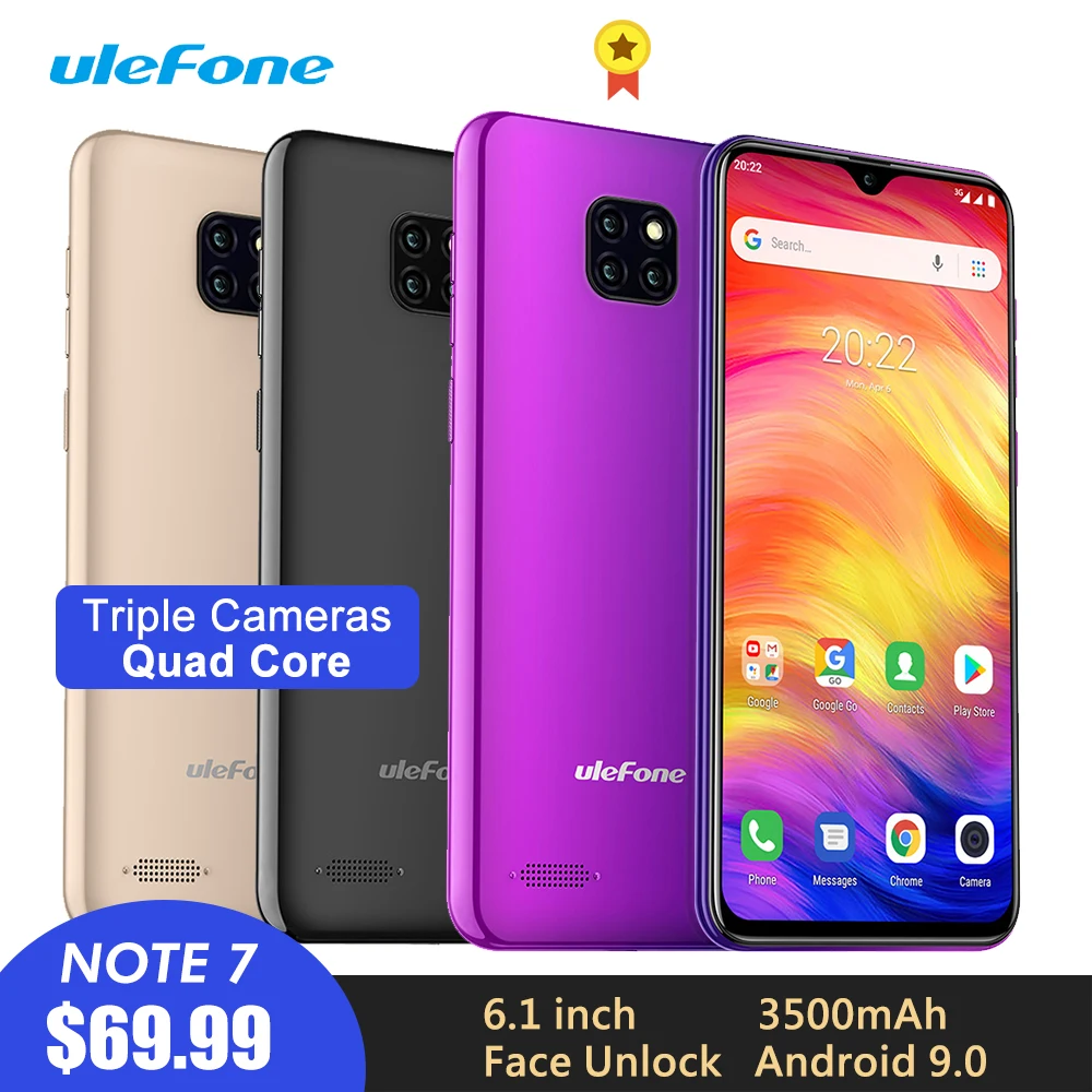 Ulefone Note 7 Mobile Phone Android 9.0  3500mAh 19.2:9 Quad Core 6.1inch Waterdrop Screen 16GB ROM Dual SIM WCDMA Smartphone