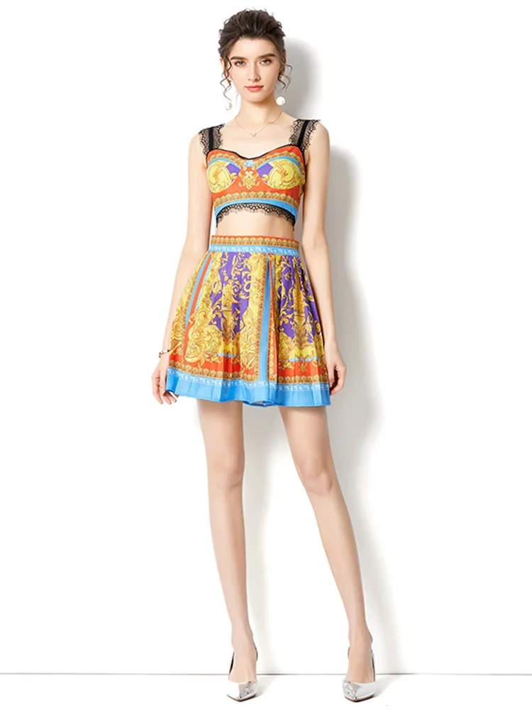 

Женский праздничный костюм из двух предметов, кружевной топ на бретельках и плиссированная мини-юбка с принтом, лето 2022